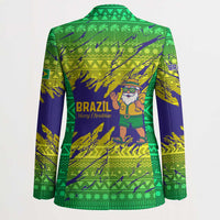 Brazil Christmas Blazer with Tropical Santa Tribal Pattern National Colors and Merry Christmas Text Design - Wonder Print Shop