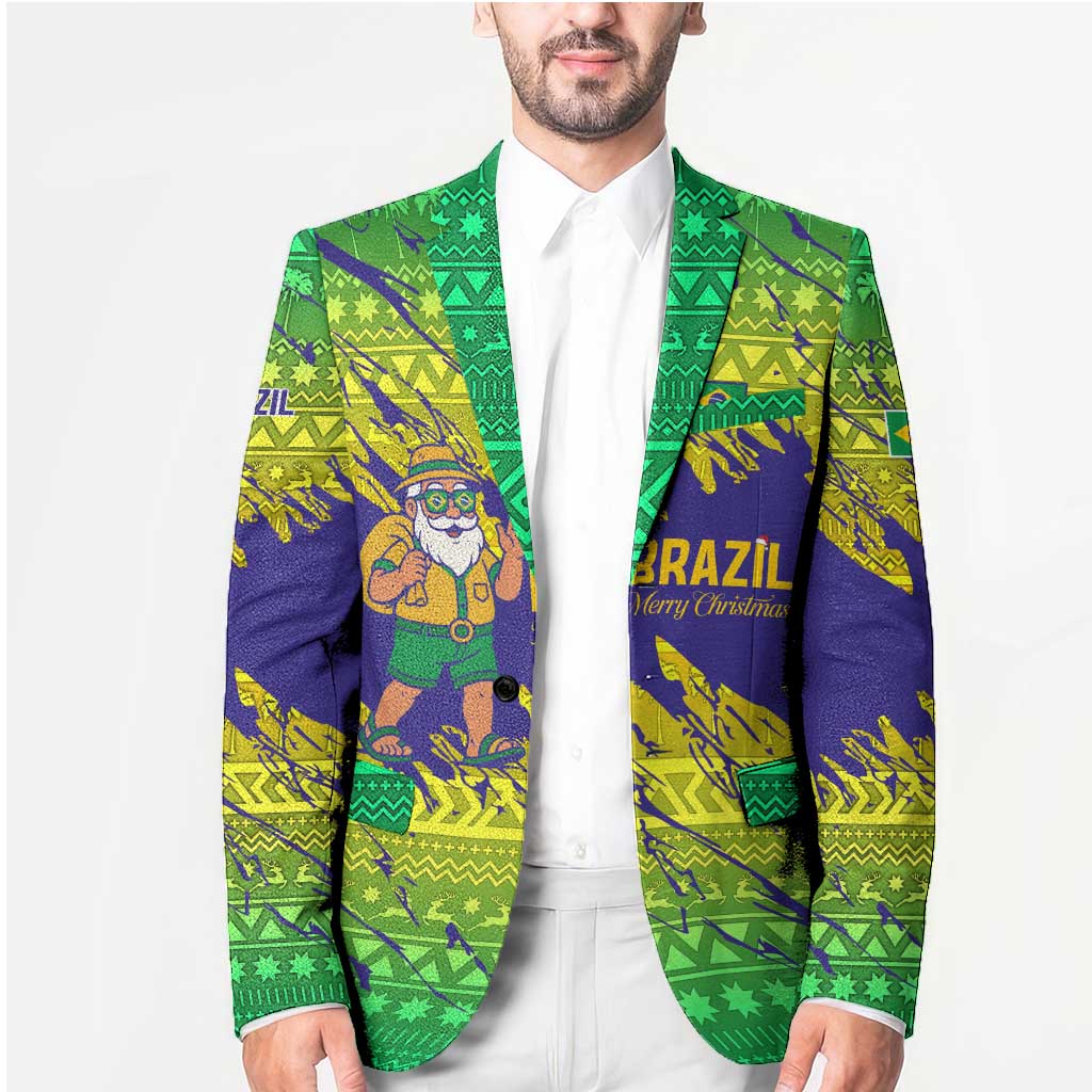 Brazil Christmas Blazer with Tropical Santa Tribal Pattern National Colors and Merry Christmas Text Design - Wonder Print Shop