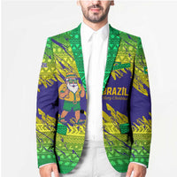 Brazil Christmas Blazer with Tropical Santa Tribal Pattern National Colors and Merry Christmas Text Design - Wonder Print Shop