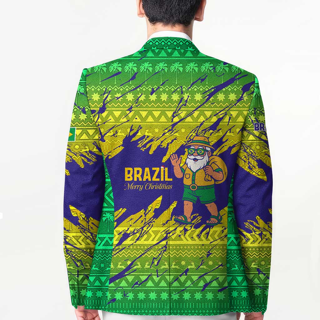 Brazil Christmas Blazer with Tropical Santa Tribal Pattern National Colors and Merry Christmas Text Design - Wonder Print Shop