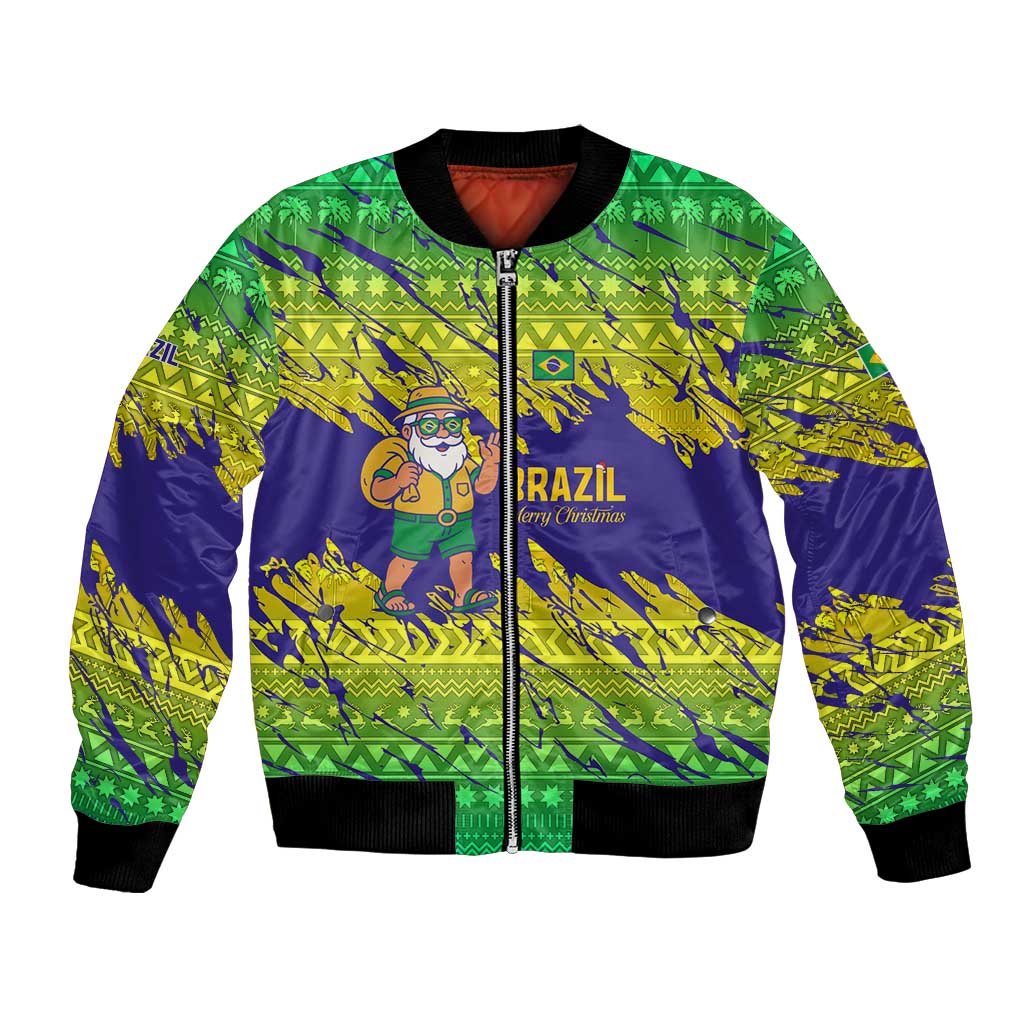 Brazil Christmas Bomber Jacket with Tropical Santa Tribal Pattern National Colors and Merry Christmas Text Design - Wonder Print Shop