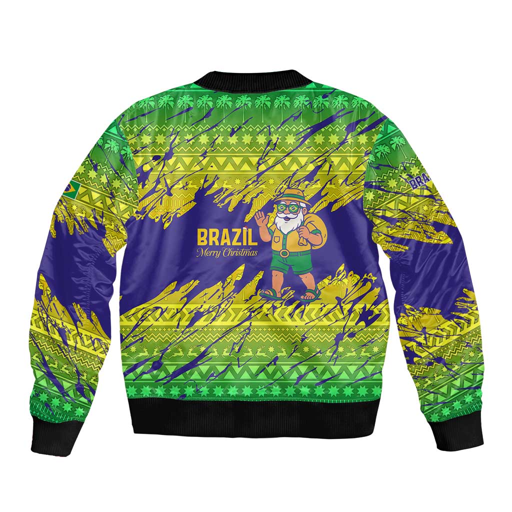 Brazil Christmas Bomber Jacket with Tropical Santa Tribal Pattern National Colors and Merry Christmas Text Design - Wonder Print Shop