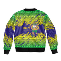 Brazil Christmas Bomber Jacket with Tropical Santa Tribal Pattern National Colors and Merry Christmas Text Design - Wonder Print Shop