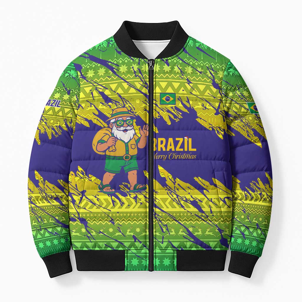 Brazil Christmas Bomber Puffer Jacket with Tropical Santa Tribal Pattern National Colors and Merry Christmas Text Design - Wonder Print Shop