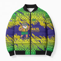 Brazil Christmas Bomber Puffer Jacket with Tropical Santa Tribal Pattern National Colors and Merry Christmas Text Design - Wonder Print Shop