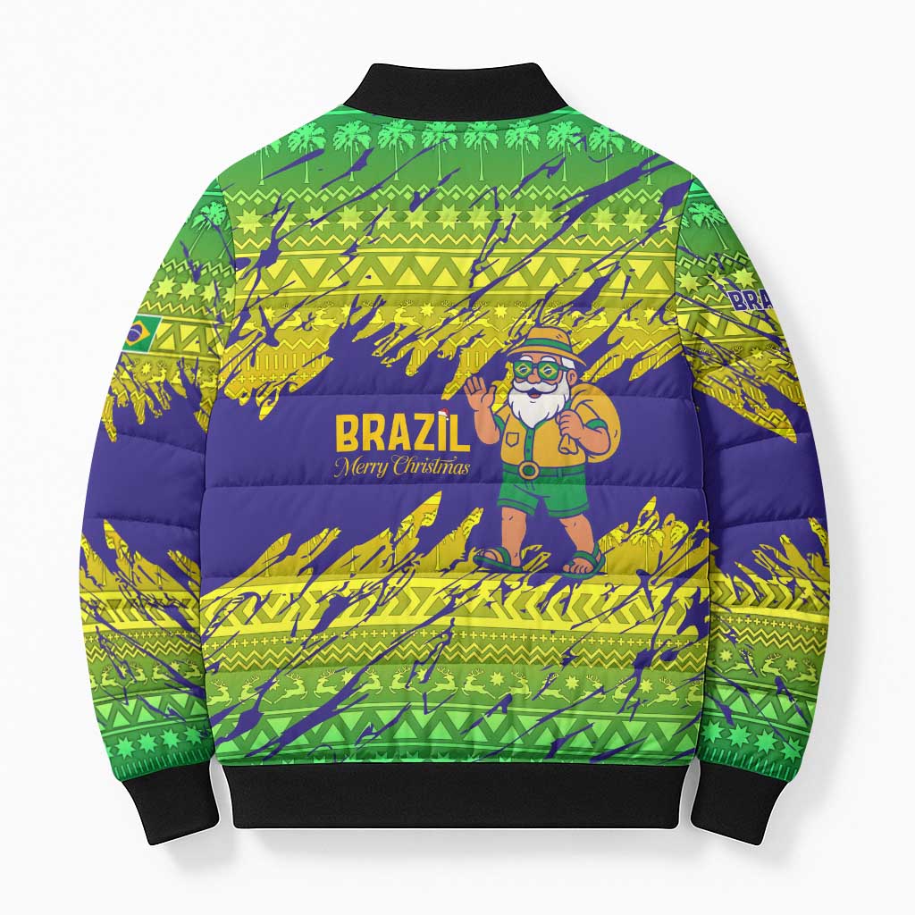 Brazil Christmas Bomber Puffer Jacket with Tropical Santa Tribal Pattern National Colors and Merry Christmas Text Design - Wonder Print Shop