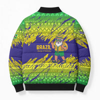 Brazil Christmas Bomber Puffer Jacket with Tropical Santa Tribal Pattern National Colors and Merry Christmas Text Design - Wonder Print Shop