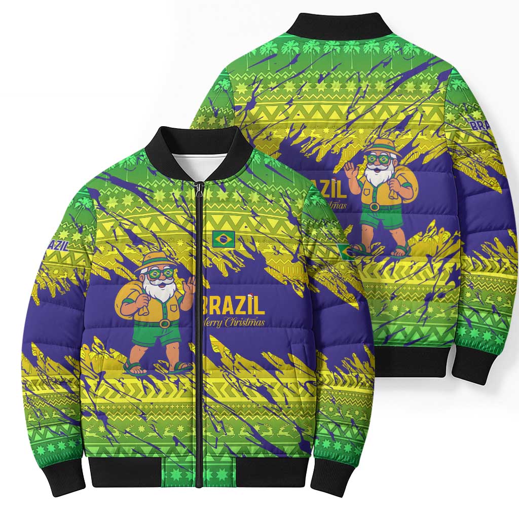 Brazil Christmas Bomber Puffer Jacket with Tropical Santa Tribal Pattern National Colors and Merry Christmas Text Design - Wonder Print Shop