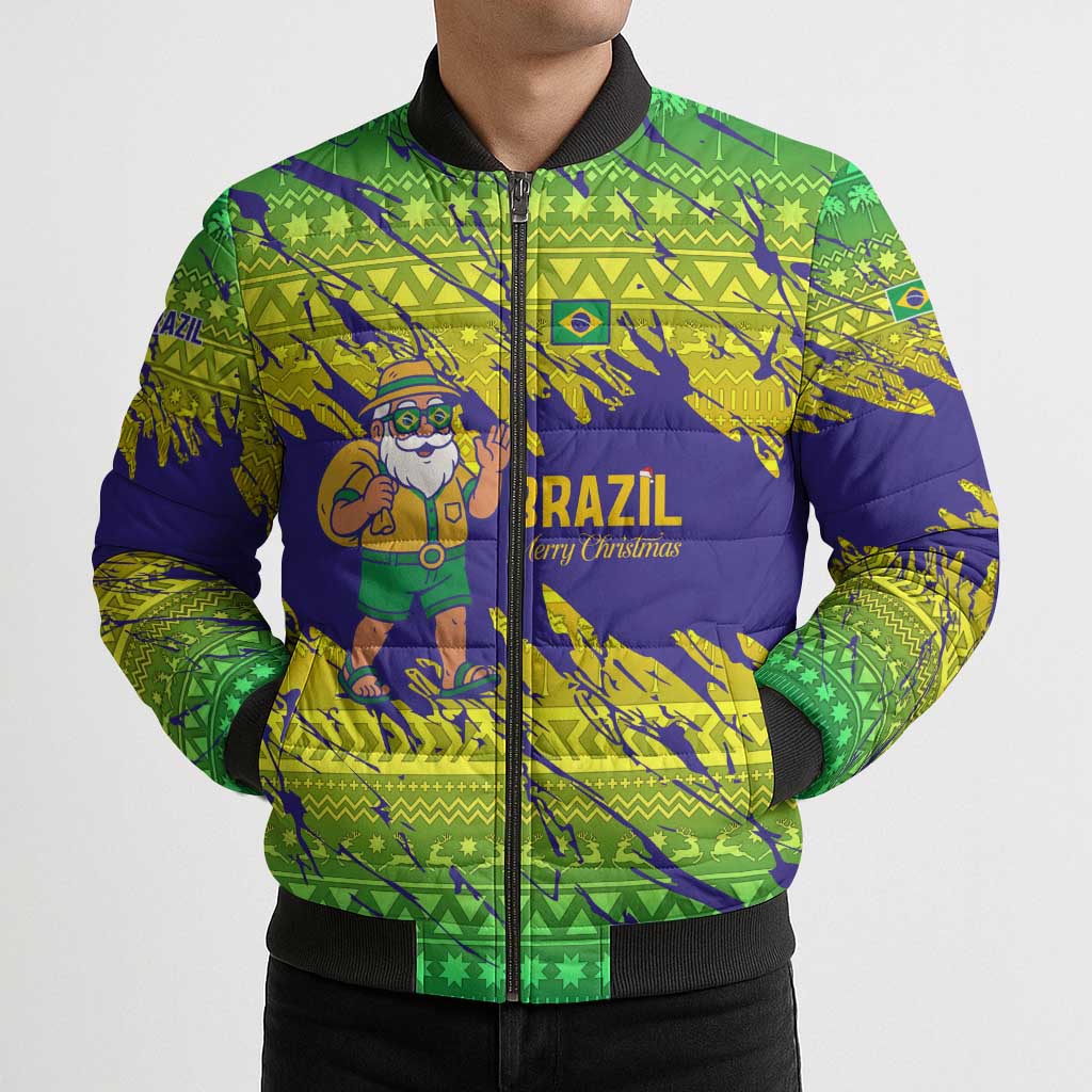 Brazil Christmas Bomber Puffer Jacket with Tropical Santa Tribal Pattern National Colors and Merry Christmas Text Design - Wonder Print Shop