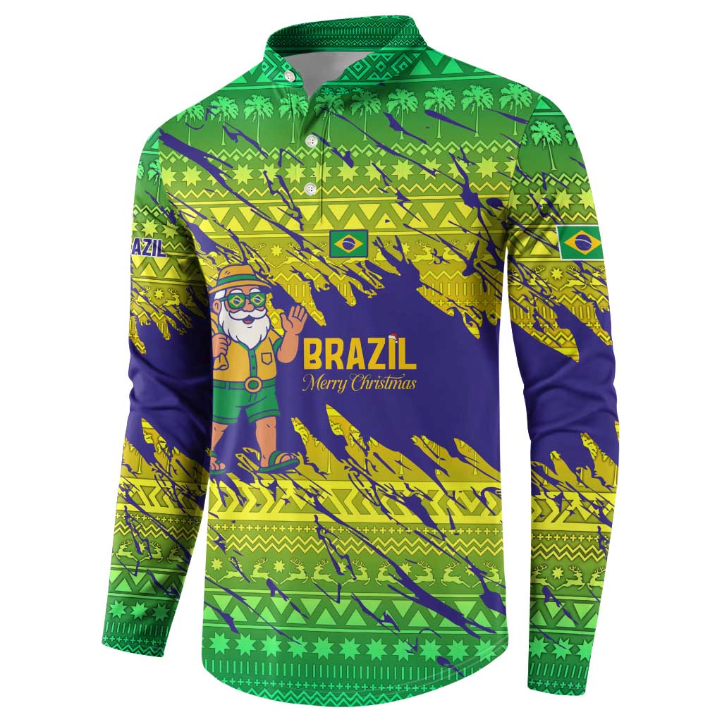 Brazil Christmas Button Sweatshirt with Tropical Santa Tribal Pattern National Colors and Merry Christmas Text Design - Wonder Print Shop