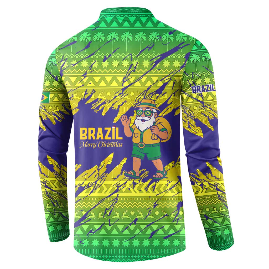 Brazil Christmas Button Sweatshirt with Tropical Santa Tribal Pattern National Colors and Merry Christmas Text Design - Wonder Print Shop