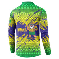 Brazil Christmas Button Sweatshirt with Tropical Santa Tribal Pattern National Colors and Merry Christmas Text Design - Wonder Print Shop