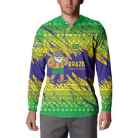 Brazil Christmas Button Sweatshirt with Tropical Santa Tribal Pattern National Colors and Merry Christmas Text Design - Wonder Print Shop
