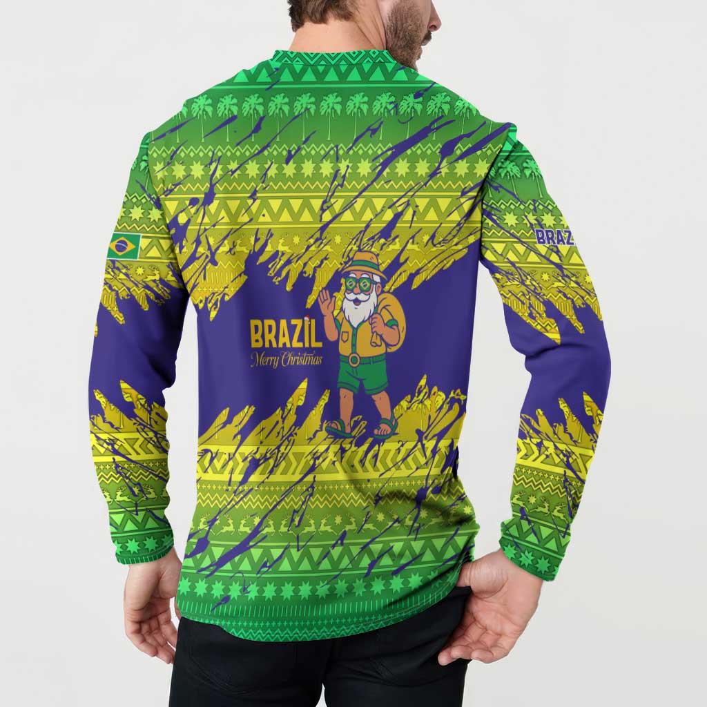 Brazil Christmas Button Sweatshirt with Tropical Santa Tribal Pattern National Colors and Merry Christmas Text Design - Wonder Print Shop