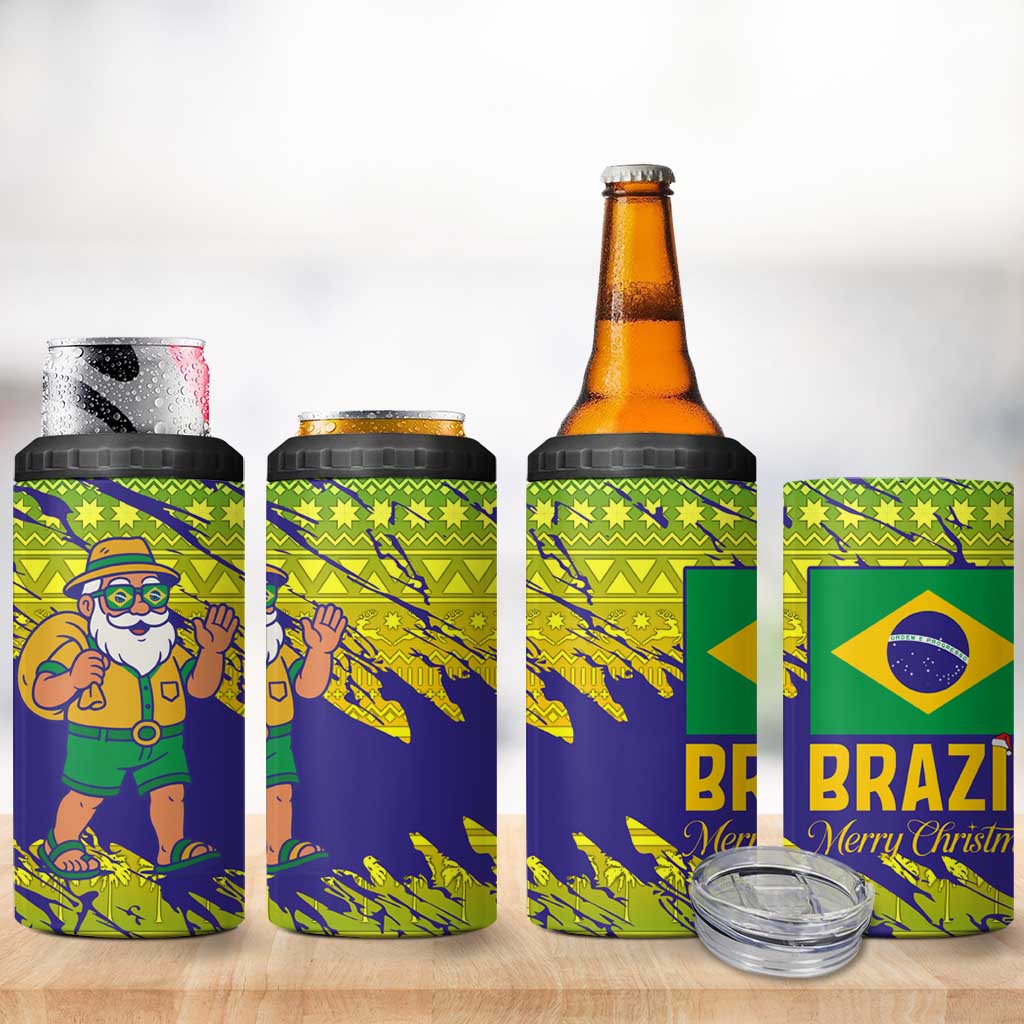 Brazil Christmas 4 in 1 Can Cooler Tumbler with Tropical Santa Tribal Pattern National Colors and Merry Christmas Text Design - Wonder Print Shop