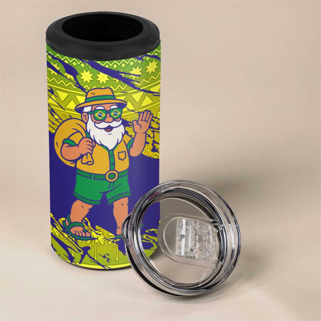 Brazil Christmas 4 in 1 Can Cooler Tumbler with Tropical Santa Tribal Pattern National Colors and Merry Christmas Text Design - Wonder Print Shop