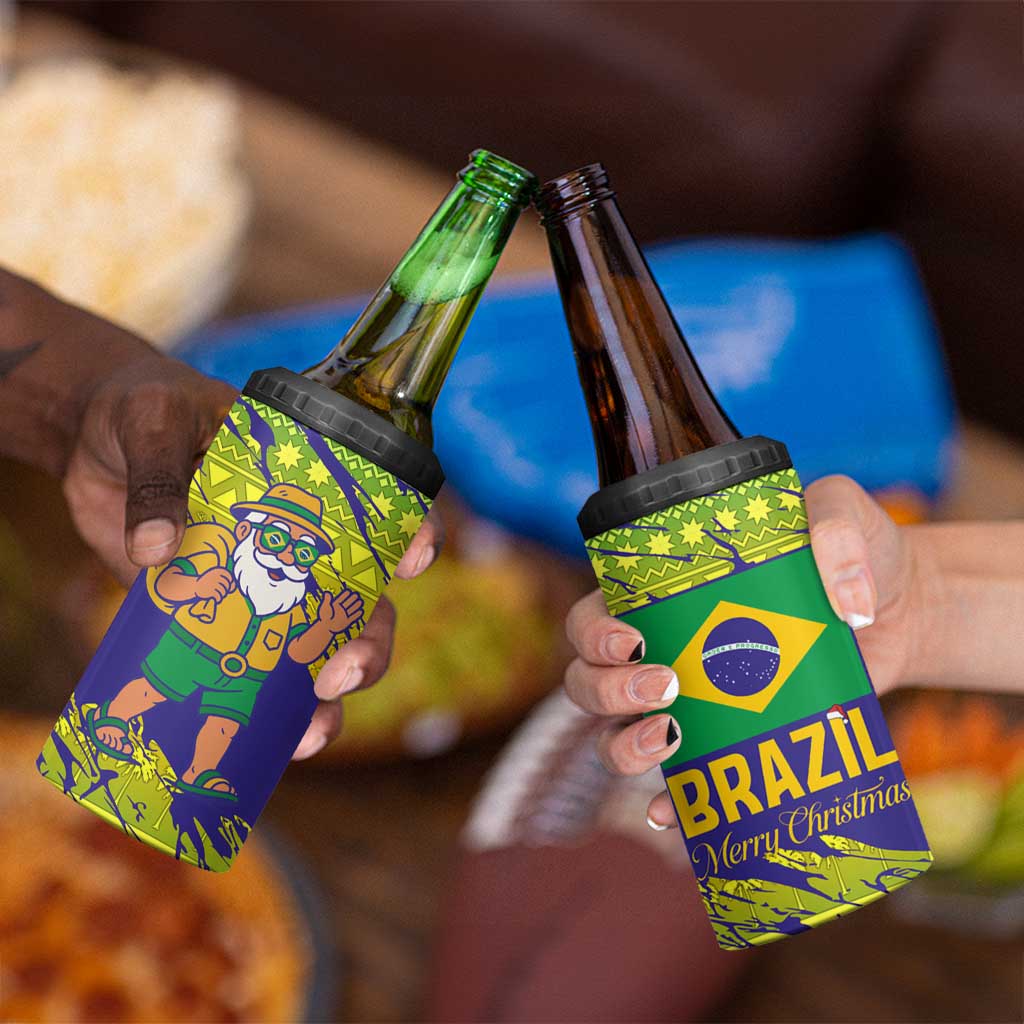 Brazil Christmas 4 in 1 Can Cooler Tumbler with Tropical Santa Tribal Pattern National Colors and Merry Christmas Text Design - Wonder Print Shop