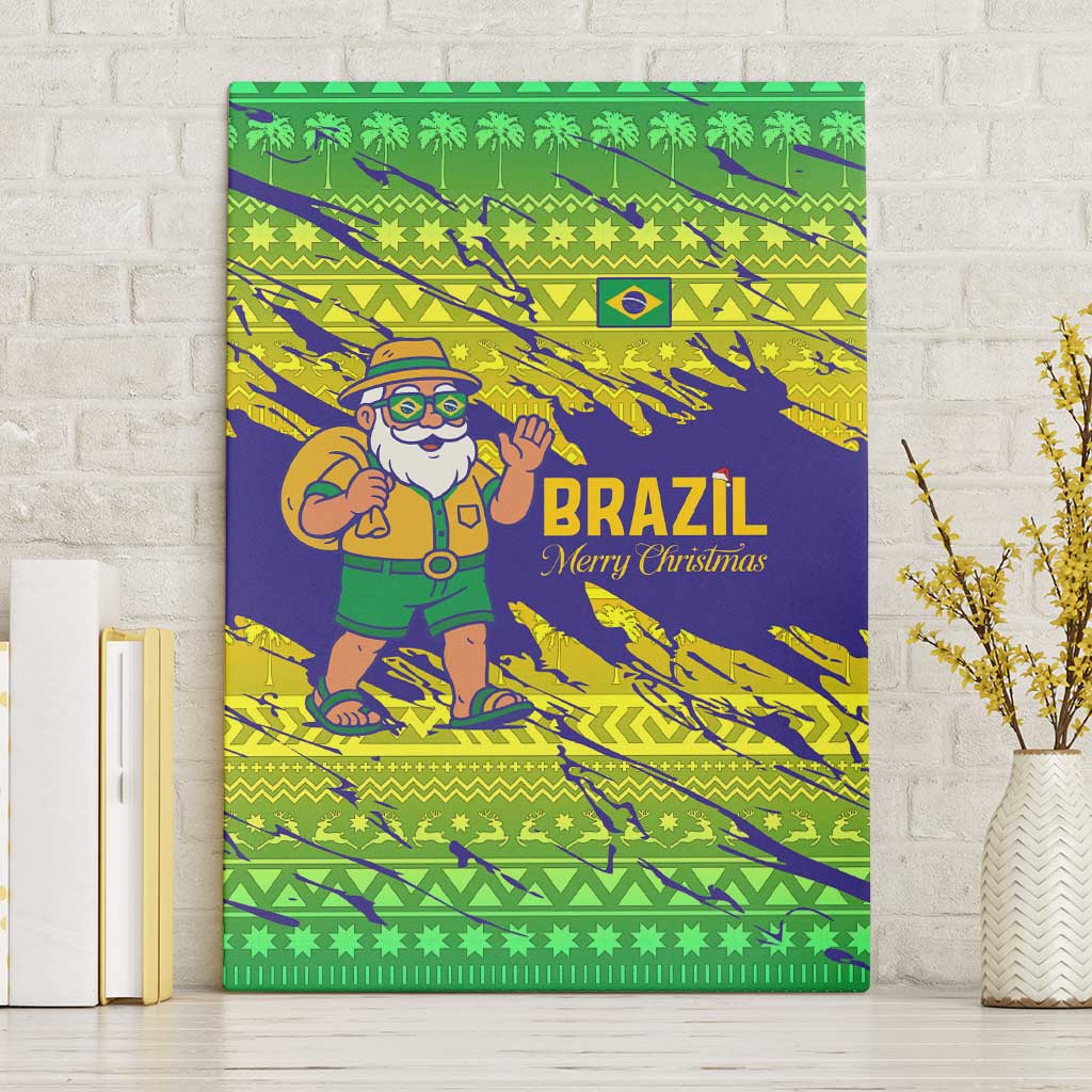 Brazil Christmas Canvas Wall Art with Tropical Santa Tribal Pattern National Colors and Merry Christmas Text Design - Wonder Print Shop