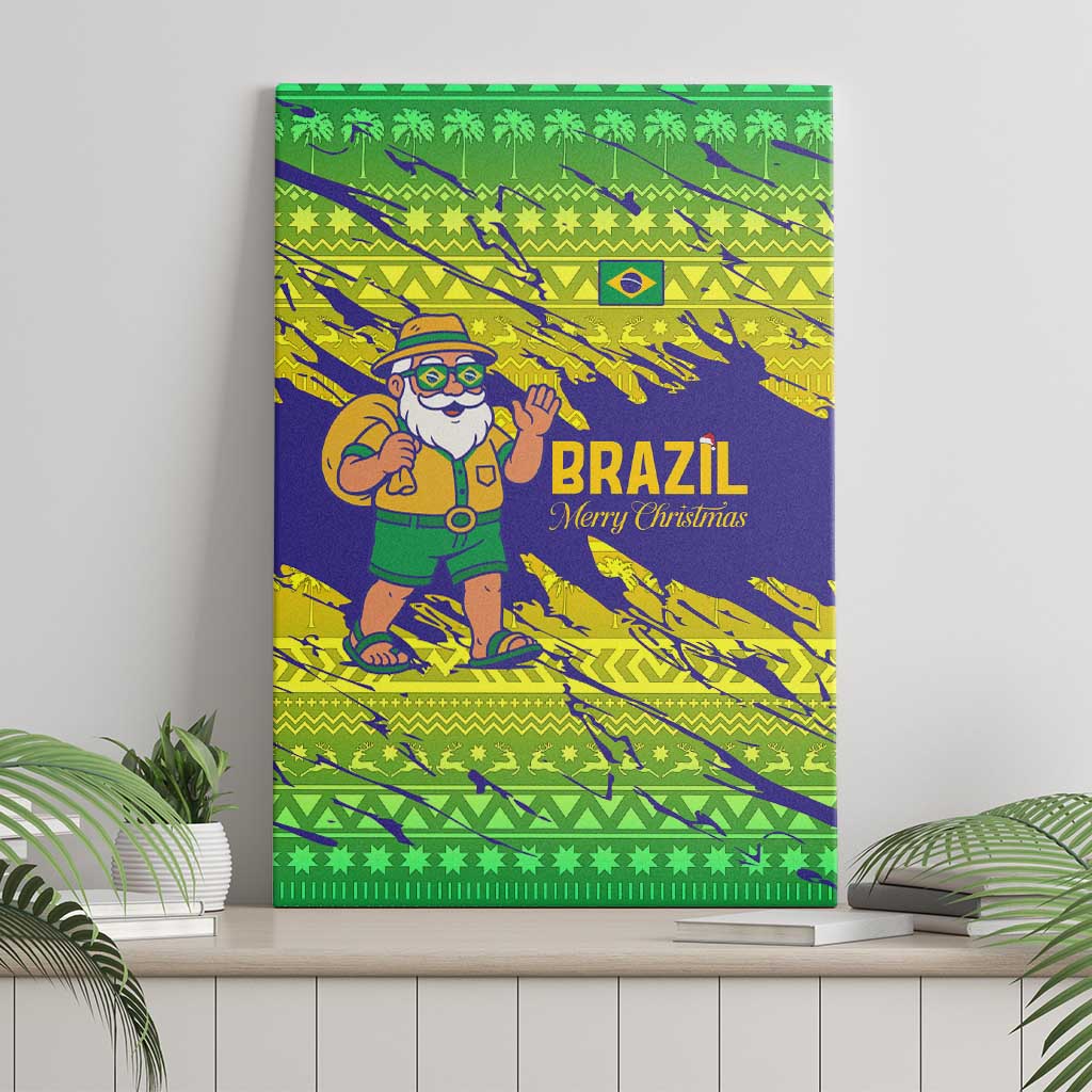 Brazil Christmas Canvas Wall Art with Tropical Santa Tribal Pattern National Colors and Merry Christmas Text Design - Wonder Print Shop