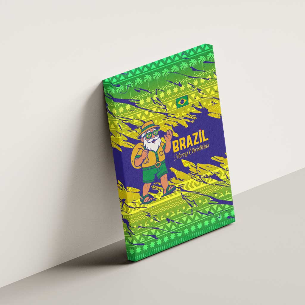 Brazil Christmas Canvas Wall Art with Tropical Santa Tribal Pattern National Colors and Merry Christmas Text Design - Wonder Print Shop