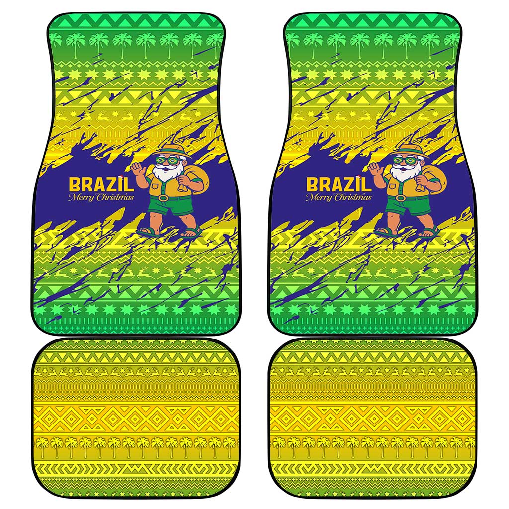 Brazil Christmas Car Mats with Tropical Santa Tribal Pattern National Colors and Merry Christmas Text Design - Wonder Print Shop