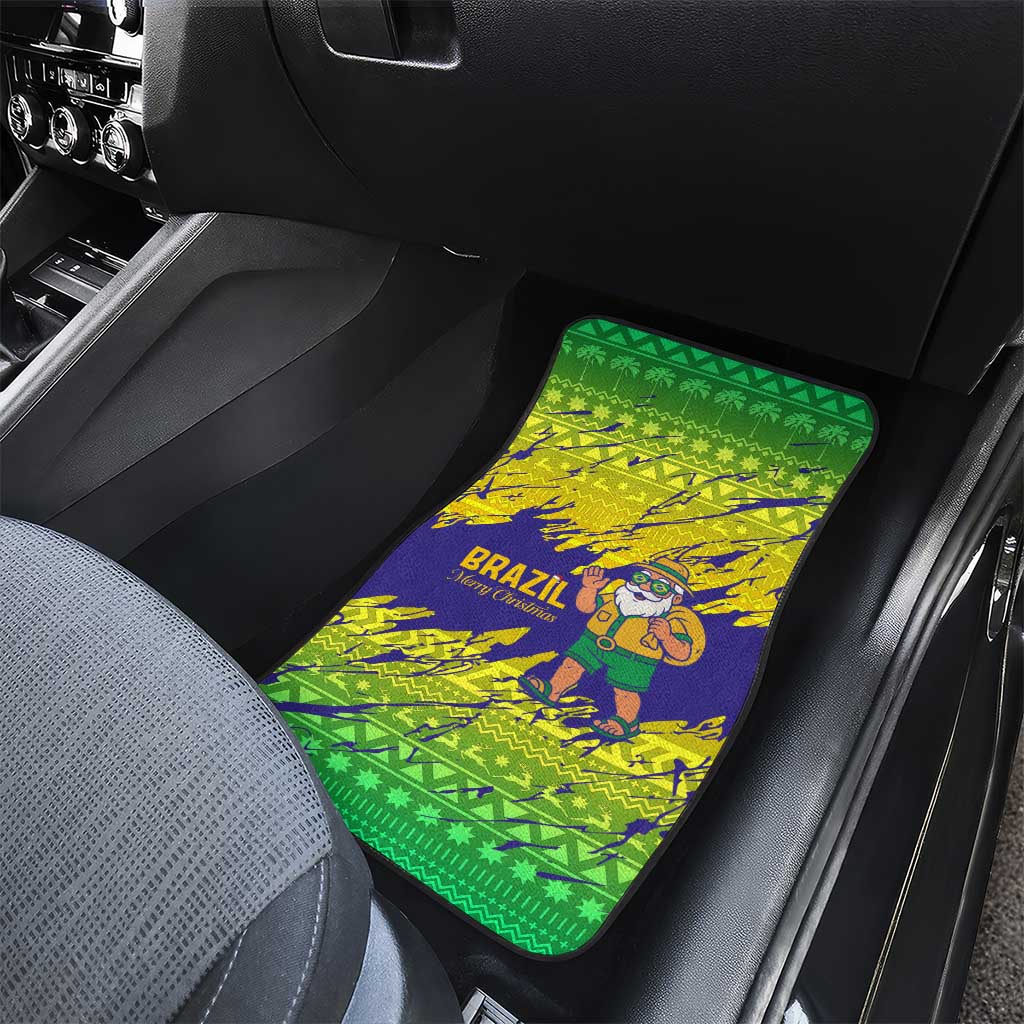 Brazil Christmas Car Mats with Tropical Santa Tribal Pattern National Colors and Merry Christmas Text Design - Wonder Print Shop