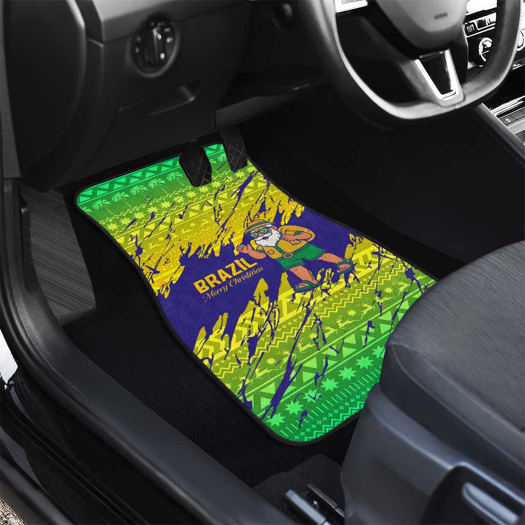 Brazil Christmas Car Mats with Tropical Santa Tribal Pattern National Colors and Merry Christmas Text Design - Wonder Print Shop