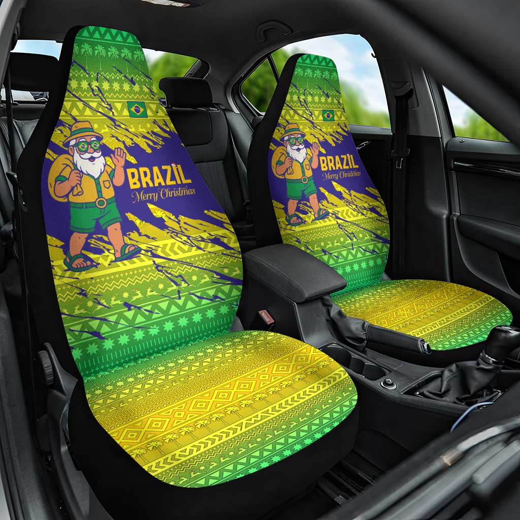 Brazil Christmas Car Seat Cover with Tropical Santa Tribal Pattern National Colors and Merry Christmas Text Design - Wonder Print Shop