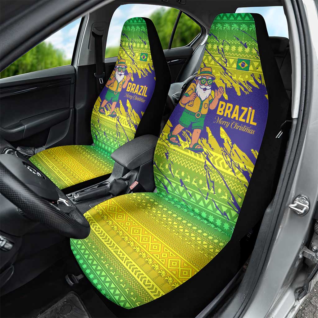 Brazil Christmas Car Seat Cover with Tropical Santa Tribal Pattern National Colors and Merry Christmas Text Design - Wonder Print Shop