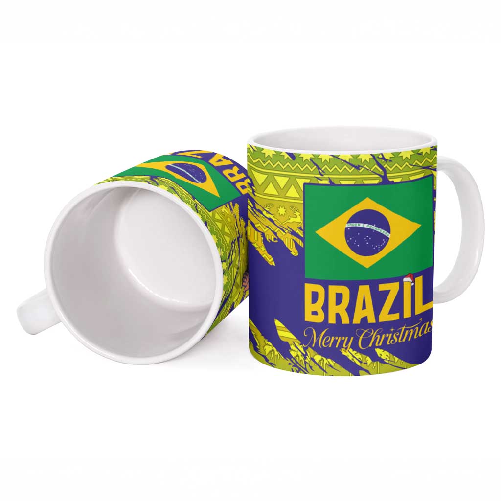 Brazil Christmas Ceramic Mug with Tropical Santa Tribal Pattern National Colors and Merry Christmas Text Design - Wonder Print Shop