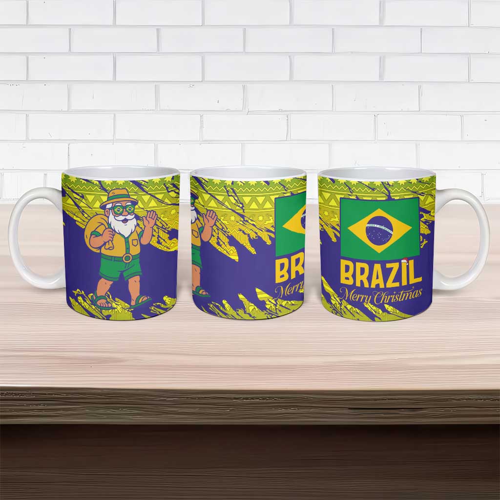 Brazil Christmas Ceramic Mug with Tropical Santa Tribal Pattern National Colors and Merry Christmas Text Design - Wonder Print Shop