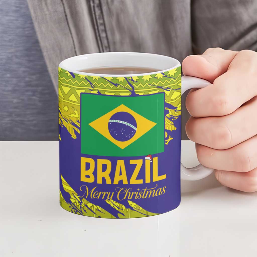 Brazil Christmas Ceramic Mug with Tropical Santa Tribal Pattern National Colors and Merry Christmas Text Design - Wonder Print Shop