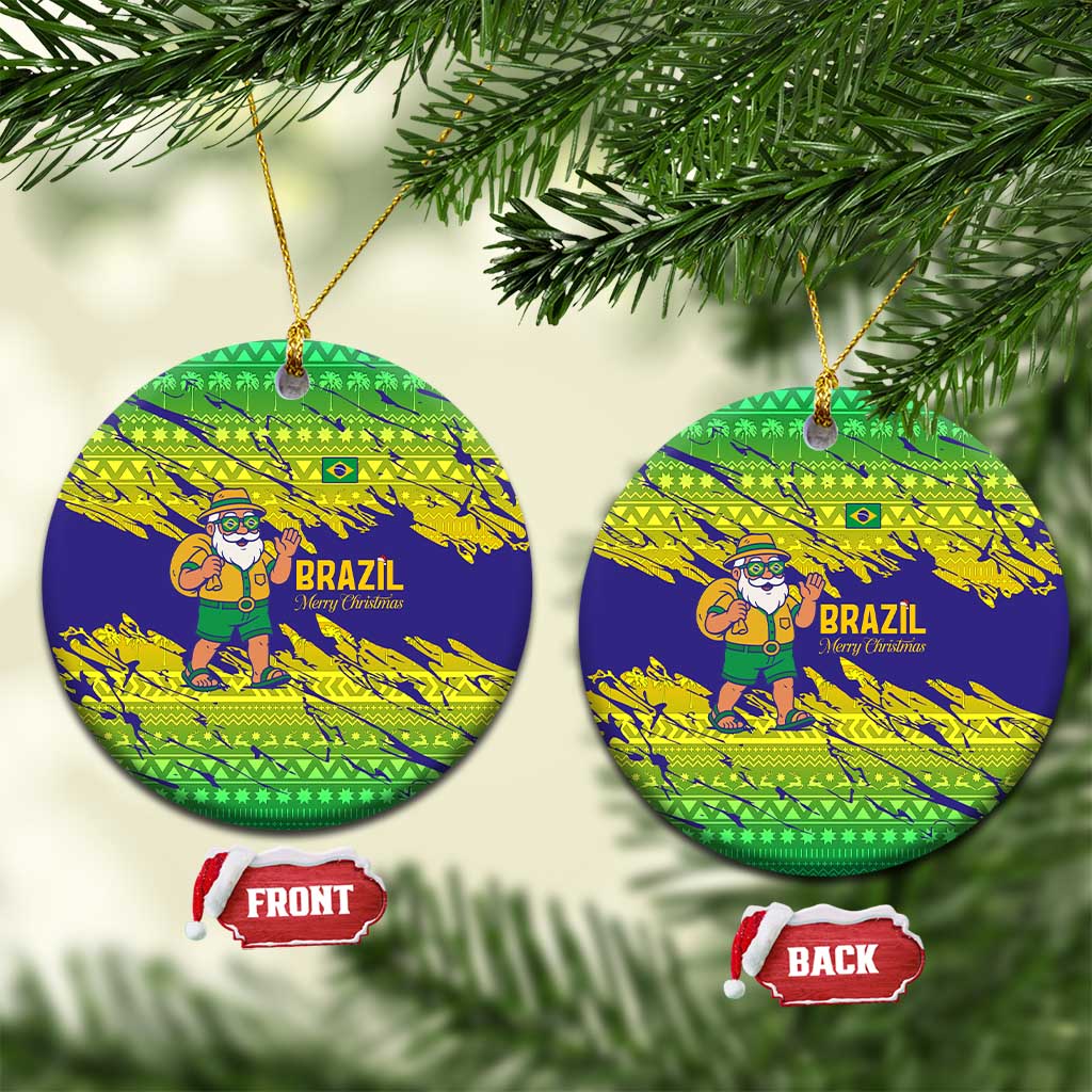 Brazil Christmas Ceramic Ornament with Tropical Santa Tribal Pattern National Colors and Merry Christmas Text Design - Wonder Print Shop