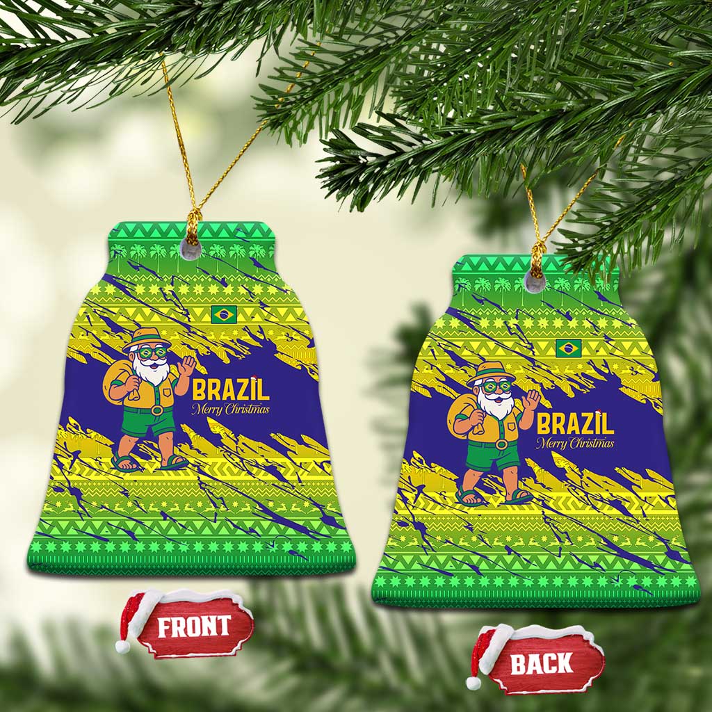 Brazil Christmas Ceramic Ornament with Tropical Santa Tribal Pattern National Colors and Merry Christmas Text Design - Wonder Print Shop