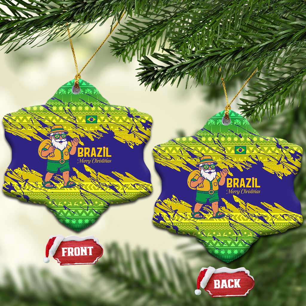Brazil Christmas Ceramic Ornament with Tropical Santa Tribal Pattern National Colors and Merry Christmas Text Design - Wonder Print Shop