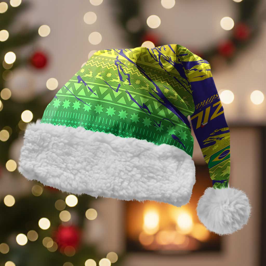 Brazil Christmas Santa Hat with Tropical Santa Tribal Pattern National Colors and Merry Christmas Text Design - Wonder Print Shop