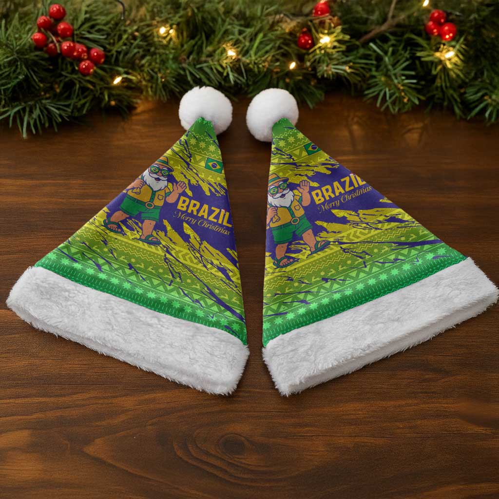 Brazil Christmas Santa Hat with Tropical Santa Tribal Pattern National Colors and Merry Christmas Text Design - Wonder Print Shop