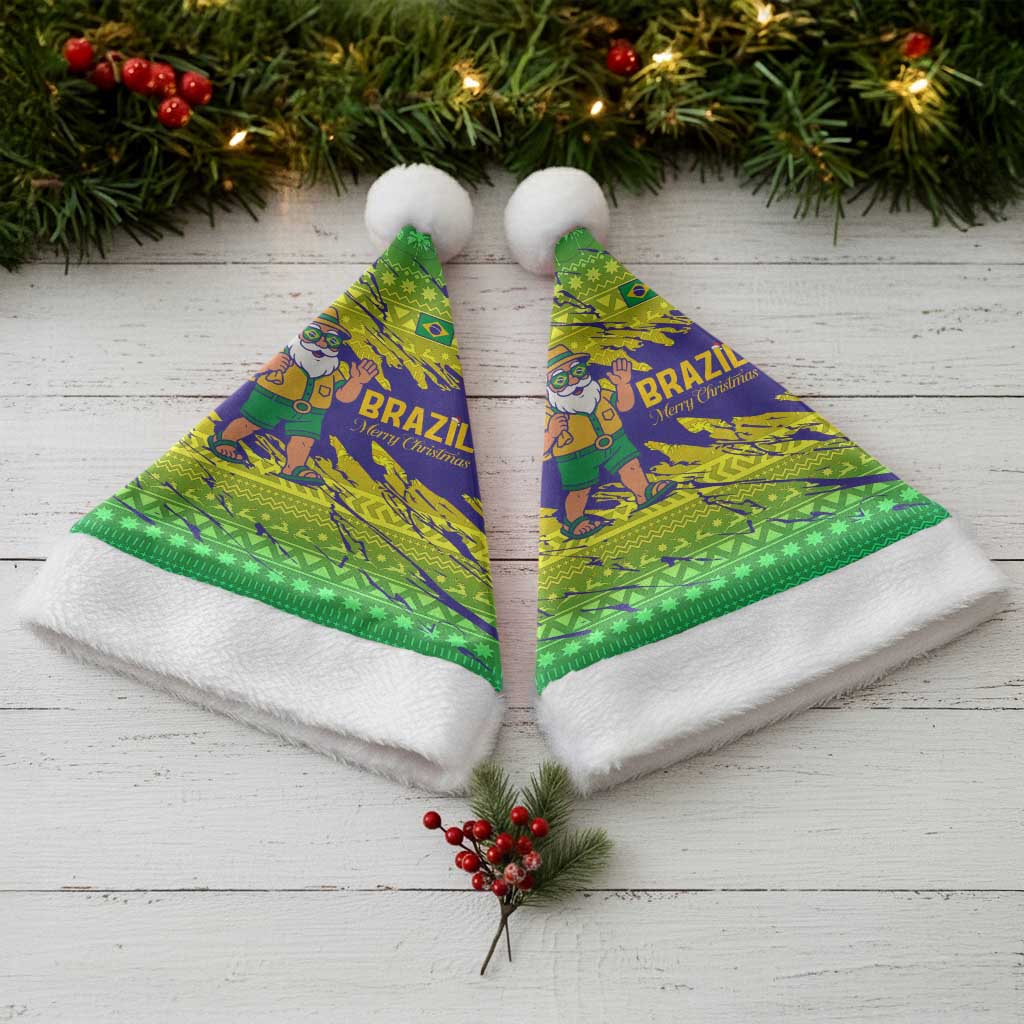 Brazil Christmas Santa Hat with Tropical Santa Tribal Pattern National Colors and Merry Christmas Text Design - Wonder Print Shop