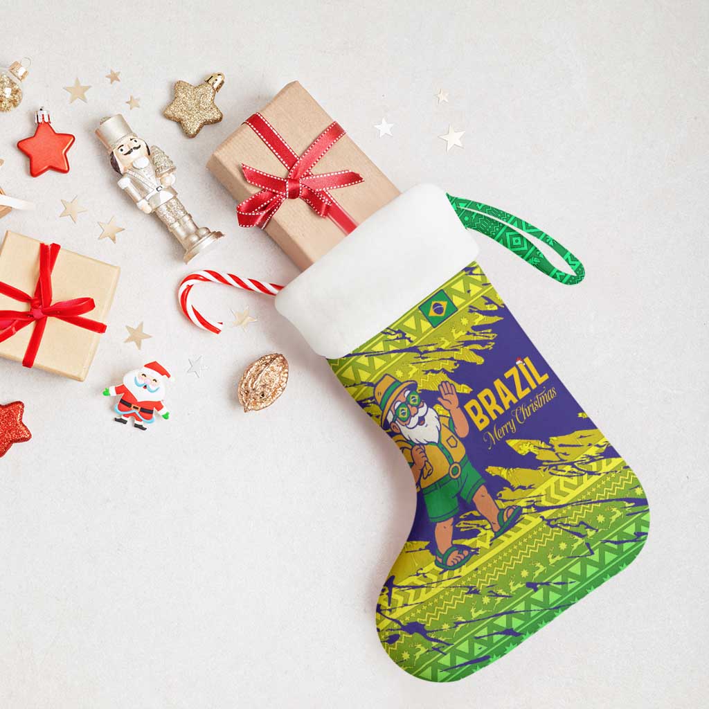 Brazil Christmas Stocking with Tropical Santa Tribal Pattern National Colors and Merry Christmas Text Design - Wonder Print Shop