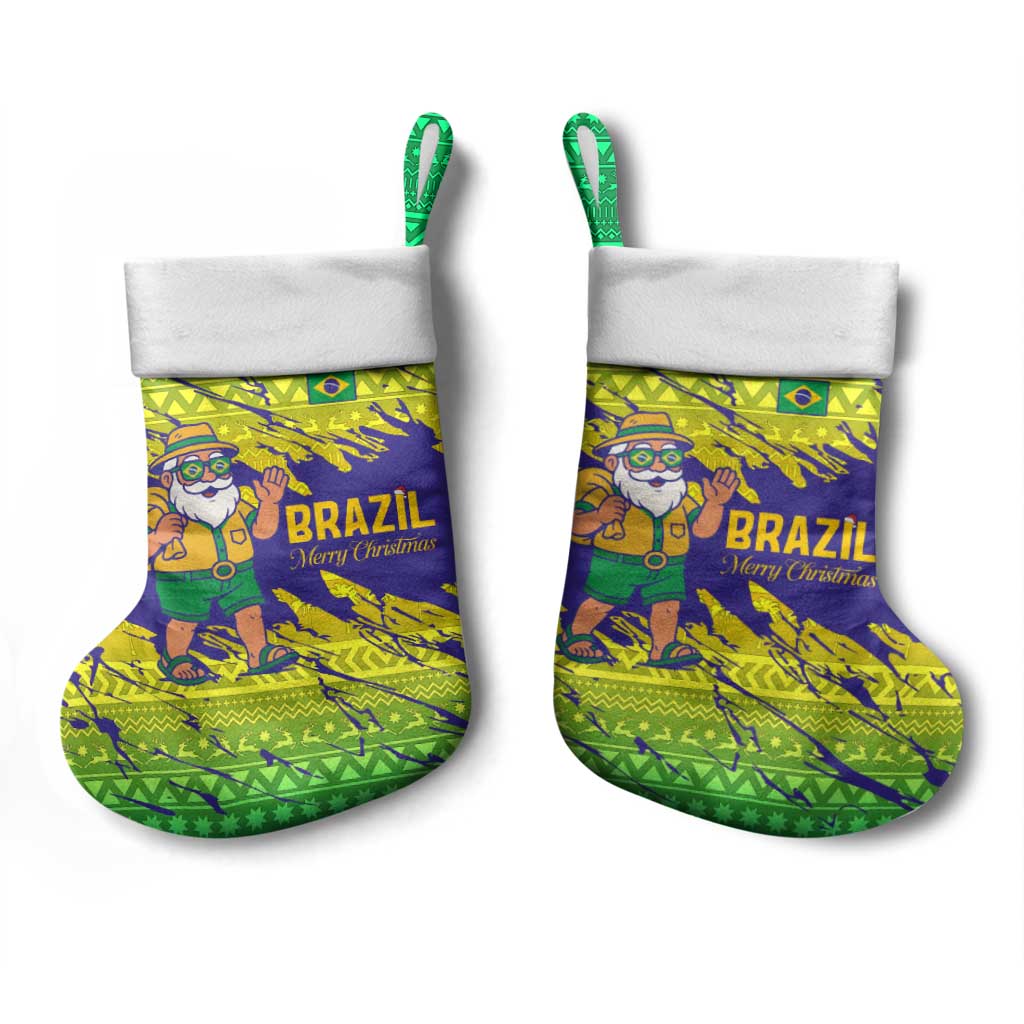 Brazil Christmas Stocking with Tropical Santa Tribal Pattern National Colors and Merry Christmas Text Design - Wonder Print Shop