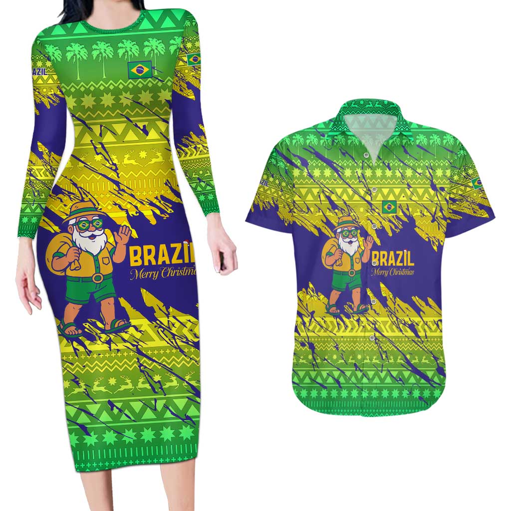 Brazil Christmas Couples Matching Long Sleeve Bodycon Dress and Hawaiian Shirt with Tropical Santa Tribal Pattern National Colors and Merry Christmas Text Design - Wonder Print Shop