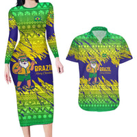 Brazil Christmas Couples Matching Long Sleeve Bodycon Dress and Hawaiian Shirt with Tropical Santa Tribal Pattern National Colors and Merry Christmas Text Design - Wonder Print Shop