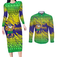 Brazil Christmas Couples Matching Long Sleeve Bodycon Dress and Long Sleeve Button Shirt with Tropical Santa Tribal Pattern National Colors and Merry Christmas Text Design - Wonder Print Shop