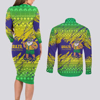 Brazil Christmas Couples Matching Long Sleeve Bodycon Dress and Long Sleeve Button Shirt with Tropical Santa Tribal Pattern National Colors and Merry Christmas Text Design - Wonder Print Shop