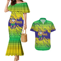 Brazil Christmas Couples Matching Mermaid Dress and Hawaiian Shirt with Tropical Santa Tribal Pattern National Colors and Merry Christmas Text Design - Wonder Print Shop