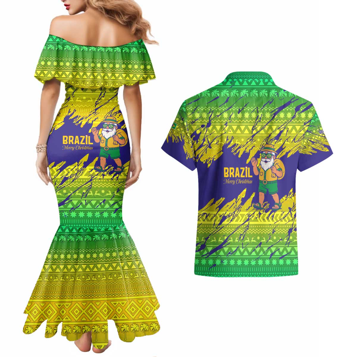 Brazil Christmas Couples Matching Mermaid Dress and Hawaiian Shirt with Tropical Santa Tribal Pattern National Colors and Merry Christmas Text Design - Wonder Print Shop