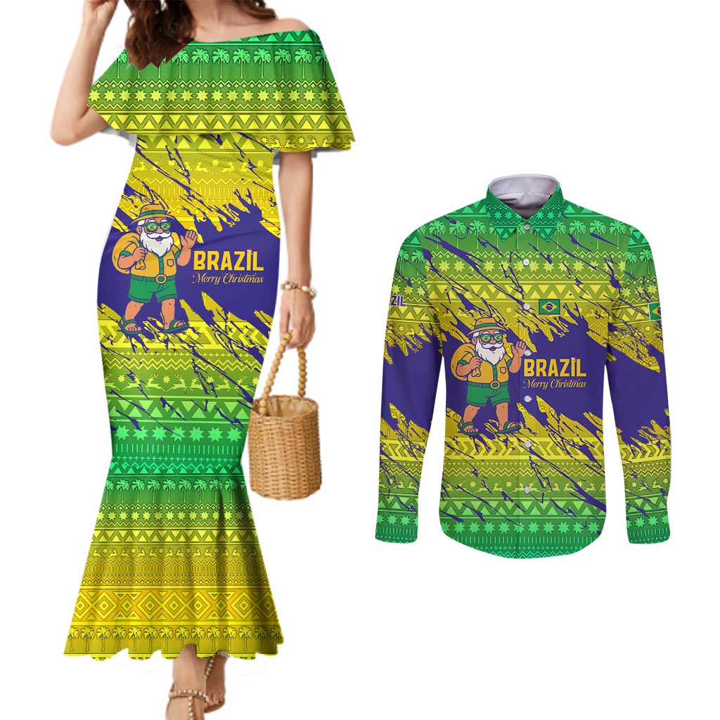Brazil Christmas Couples Matching Mermaid Dress and Long Sleeve Button Shirt with Tropical Santa Tribal Pattern National Colors and Merry Christmas Text Design - Wonder Print Shop