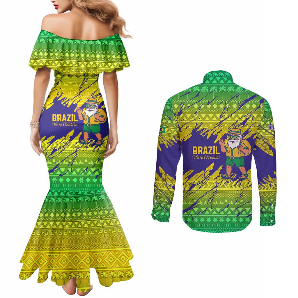 Brazil Christmas Couples Matching Mermaid Dress and Long Sleeve Button Shirt with Tropical Santa Tribal Pattern National Colors and Merry Christmas Text Design - Wonder Print Shop
