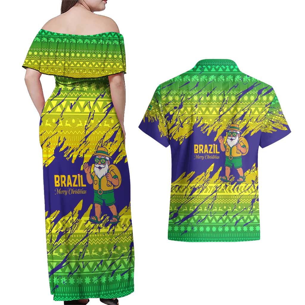 Brazil Christmas Couples Matching Off Shoulder Maxi Dress and Hawaiian Shirt with Tropical Santa Tribal Pattern National Colors and Merry Christmas Text Design - Wonder Print Shop