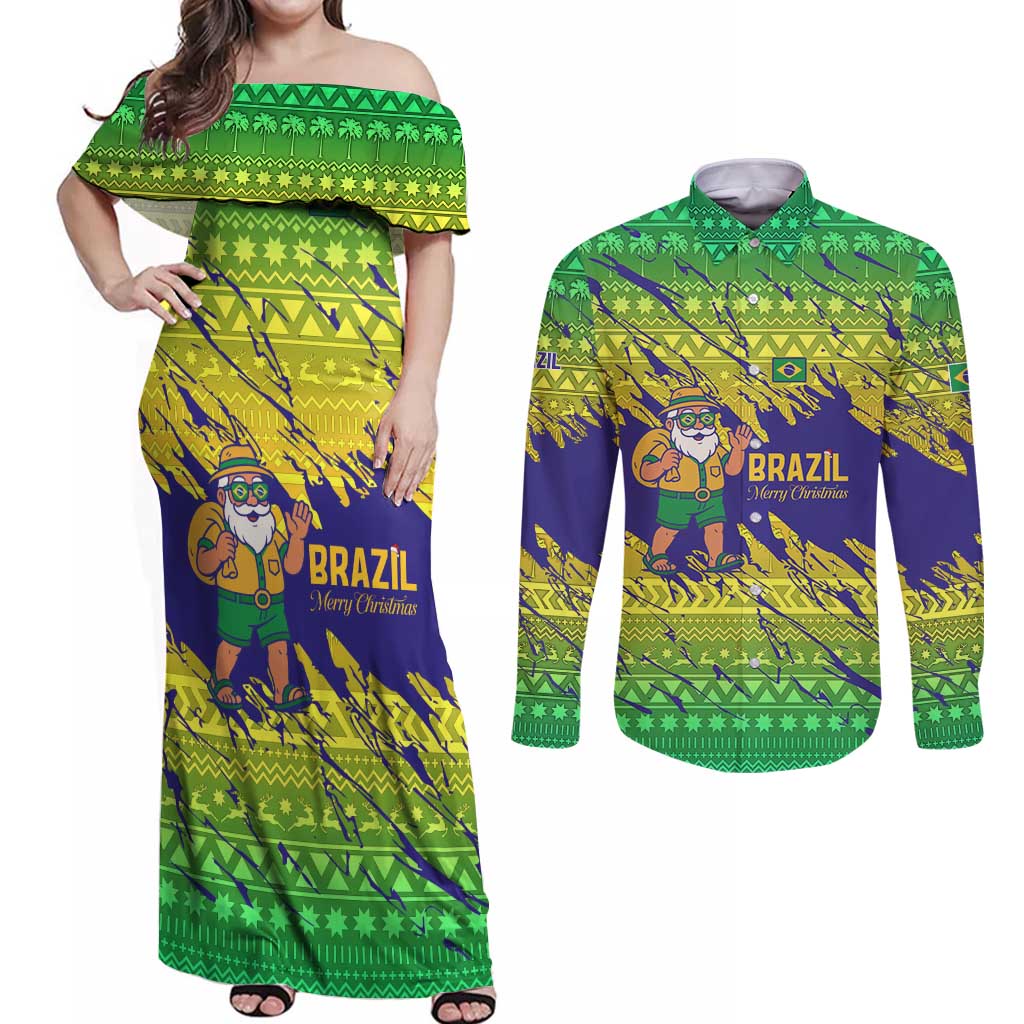 Brazil Christmas Couples Matching Off Shoulder Maxi Dress and Long Sleeve Button Shirt with Tropical Santa Tribal Pattern National Colors and Merry Christmas Text Design - Wonder Print Shop